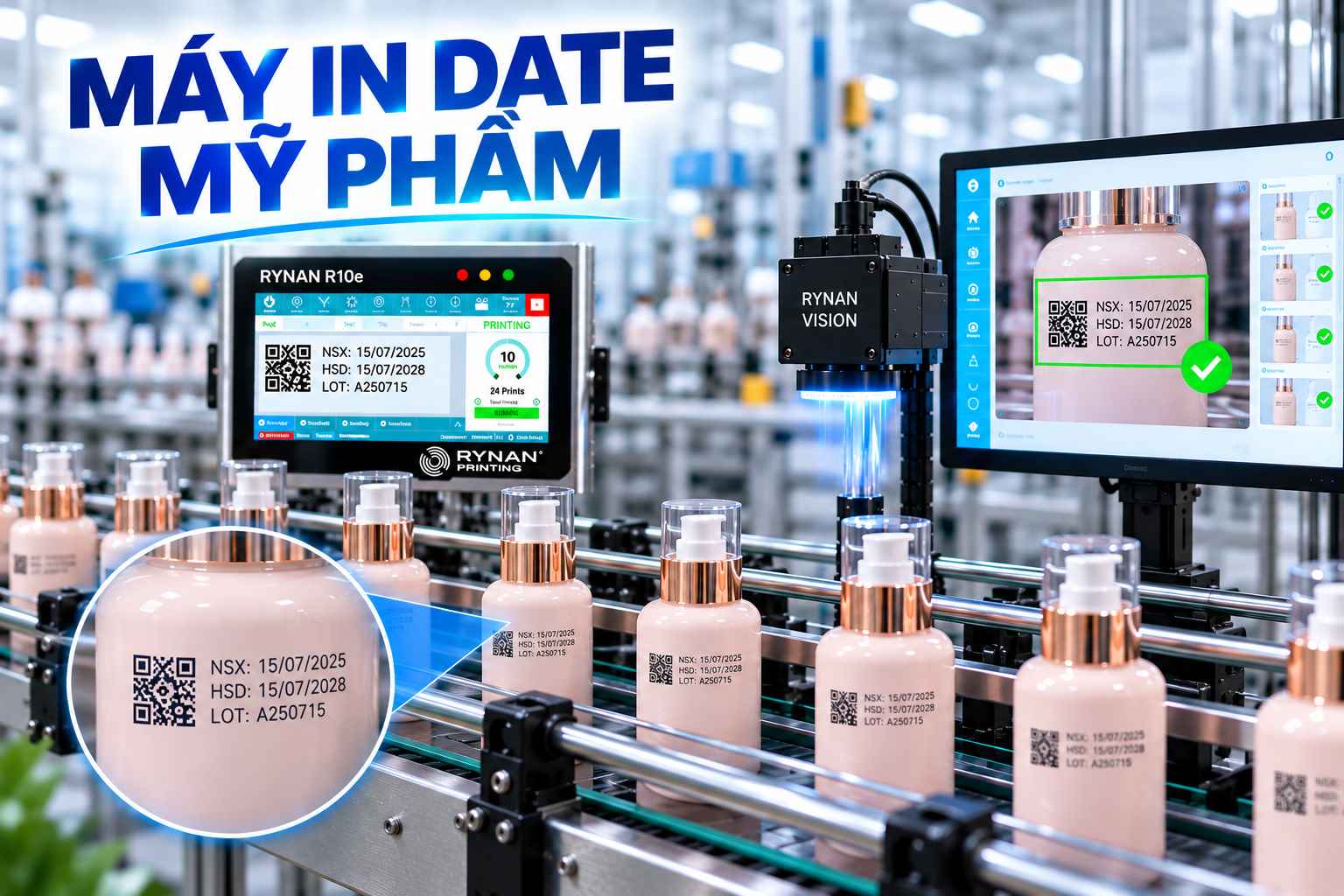 Máy in date mỹ phẩm công nghiệp trên dây chuyền sản xuất